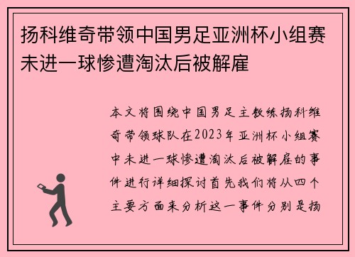 扬科维奇带领中国男足亚洲杯小组赛未进一球惨遭淘汰后被解雇